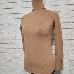 Zara Womens Med Camel Tan Turtleneck Pullover Sweater Gold Buttons